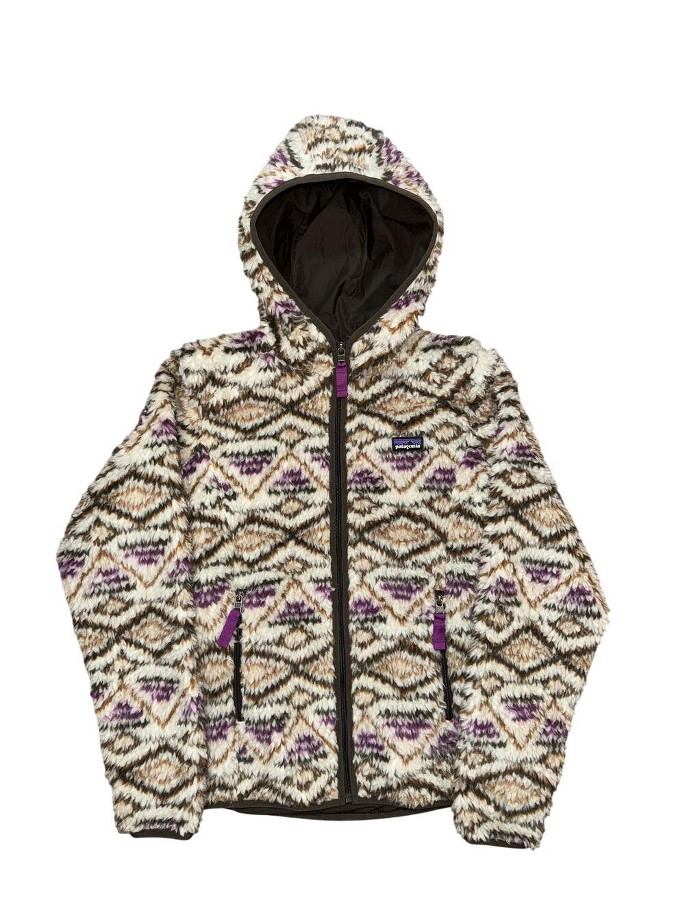 Patagonia Fleece Jacket Womens Medium Multicolor Deep Pile Hooded Full Zip Aztec